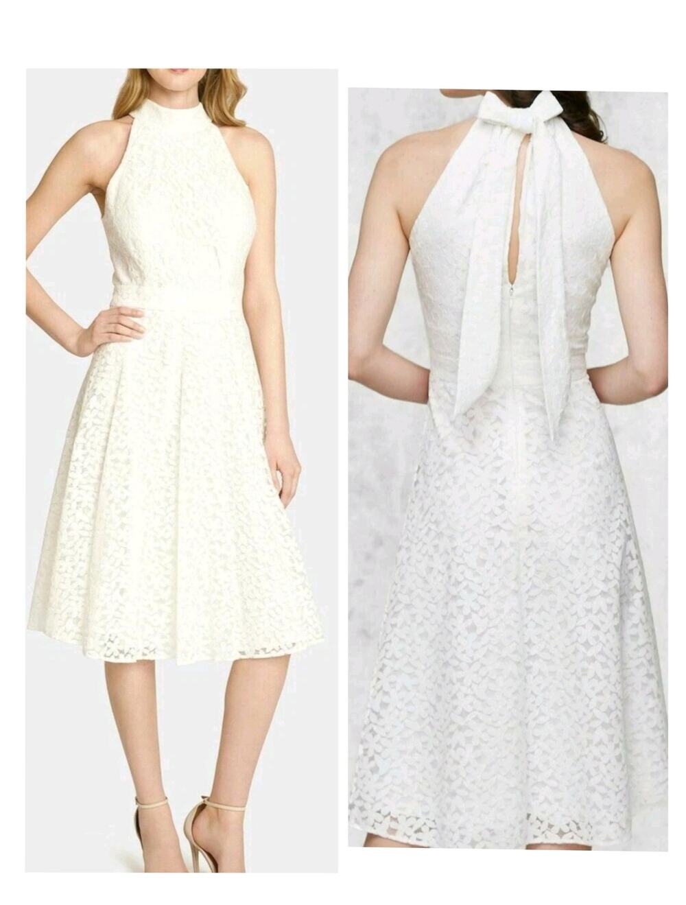 6105)Tahari ASL White Lace Halter Mock Neck Fit&Flare Cocktail Feminine Dress 16